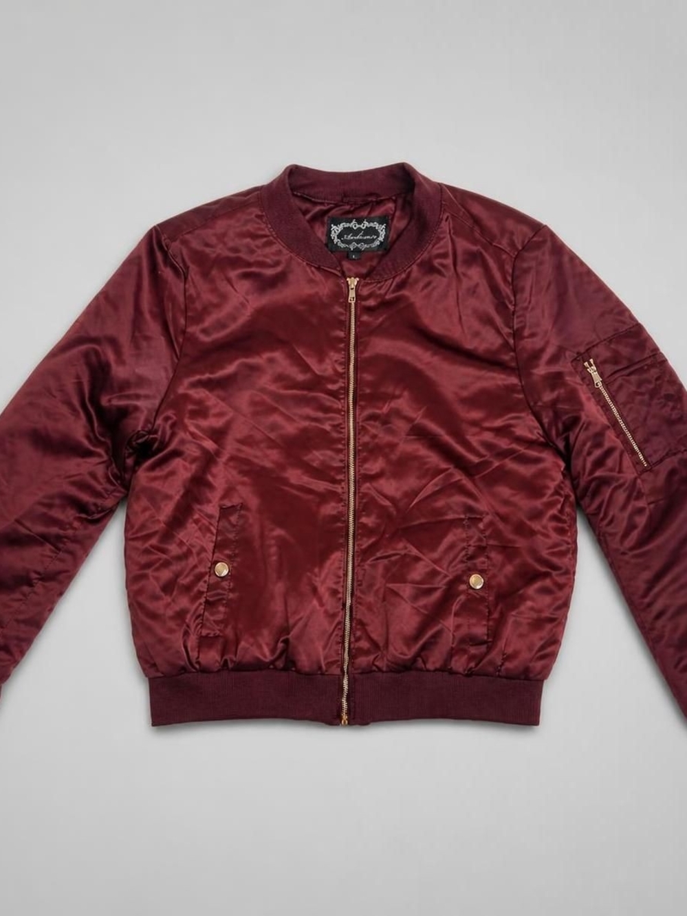 Womens Ambiance Burgundy Satin Bomber Jacket